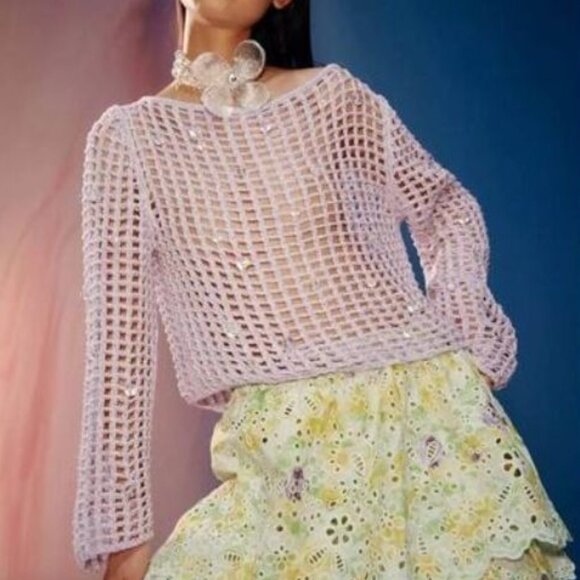 & Other Stories x Susan Fang Lilac Beaded Open Knit Crochet Top Size L